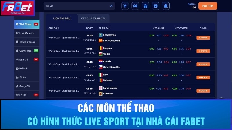 Các môn thể thao có hình thức live sport tại nhà cái Fabet