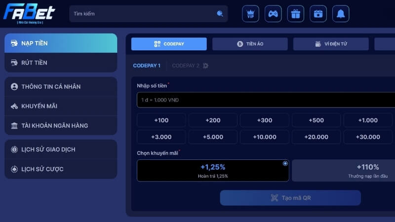 Hướng dẫn nạp tiền vào tài khoản Fabet