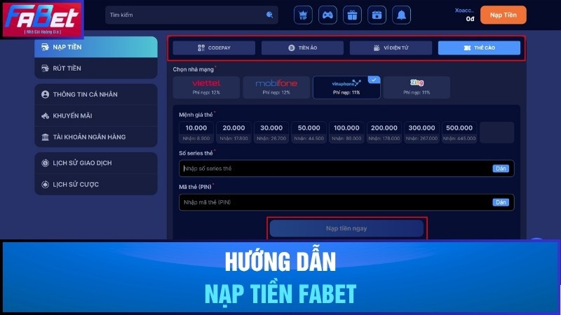 Hướng dẫn nạp tiền vào Fabet