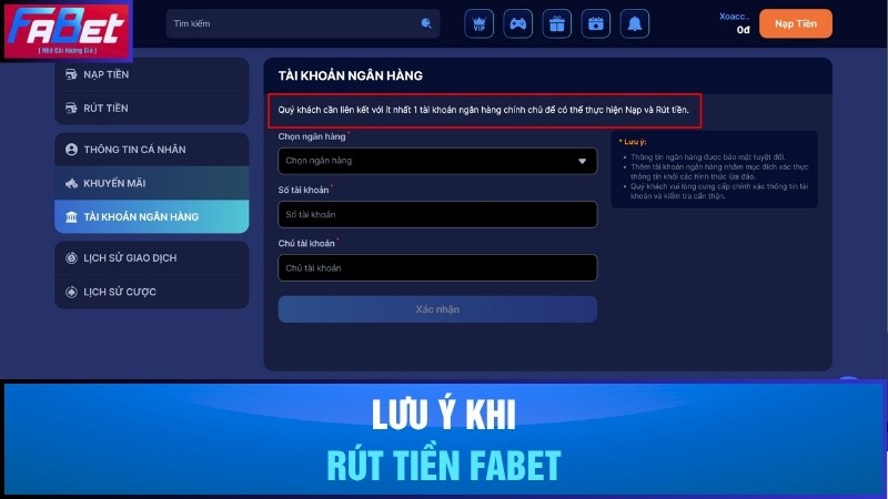 Một số lưu ý khi tiến hành rút tiền Fabet