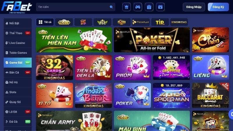 Sảnh game bài đổi thưởng Fabet xanh chín